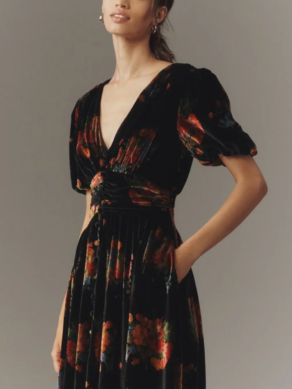 NWT The Katerina Button-Front Dress: Black Floral Velvet Edition - Picture 4 of 4